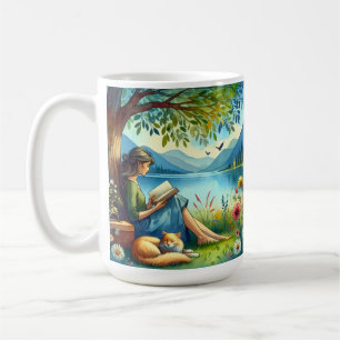 Girl Reading a Book under a Tree with a Sleepy Cat Coffee Mug