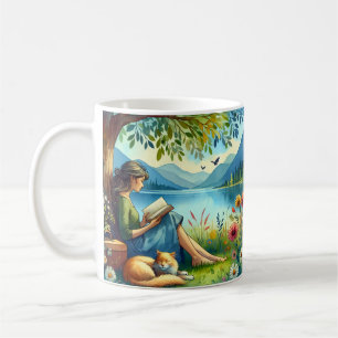 Girl Reading a Book under a Tree with a Sleepy Cat Coffee Mug