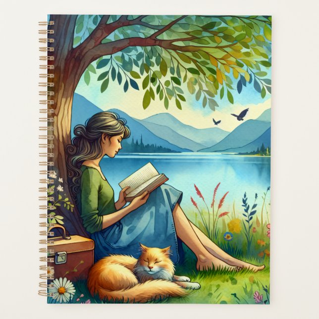 Girl Reading a Book under a Tree with a Sleepy Cat Planner (Front)
