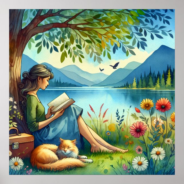 Girl Reading a Book under a Tree with a Sleepy Cat Poster (Front)