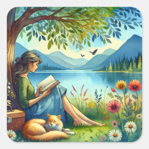 Girl Reading a Book under a Tree with a Sleepy Cat Square Sticker