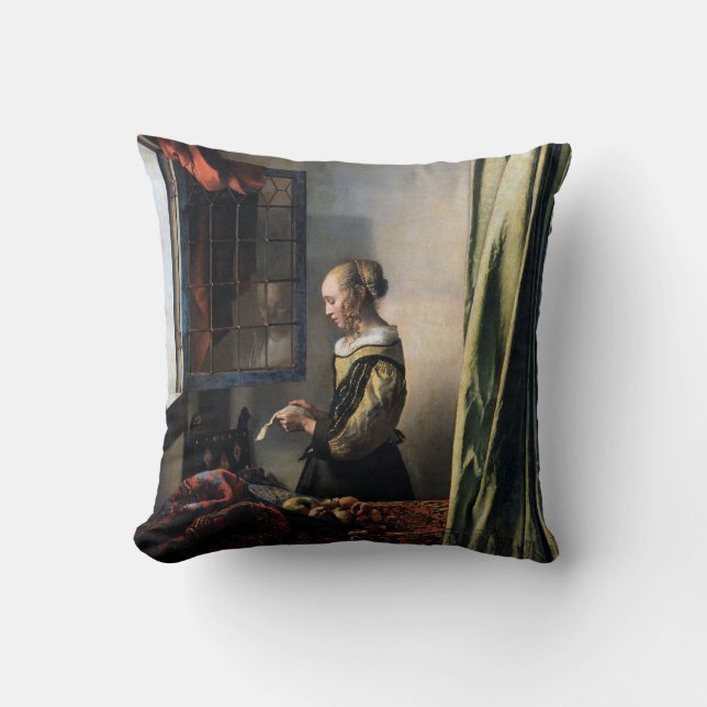 Girl Reading a Letter at an Open Window, Vermeer Throw Pillow (Front)