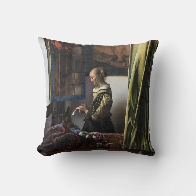 Girl Reading a Letter at an Open Window, Vermeer Throw Pillow (Front)