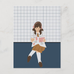 Girl reading a newspaper postcard