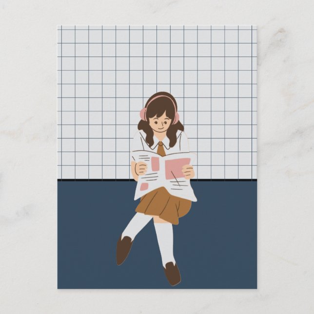 Girl reading a newspaper postcard (Front)