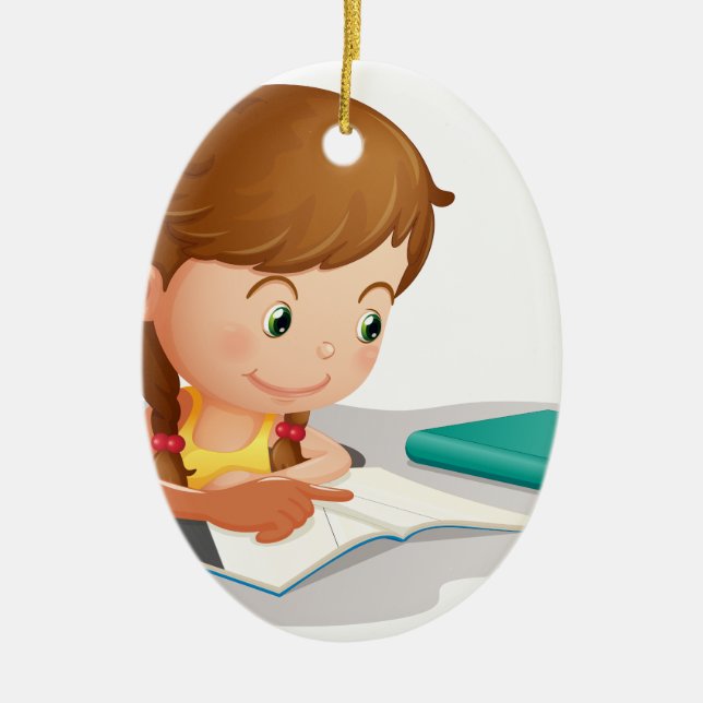 girl reading book ceramic ornament (Front)