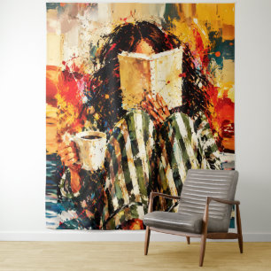 Girl Reading Book Cozy Painting Art Tapestry