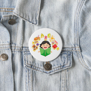 Girl Reading Learning ABC Letters and Toys 3 Inch Round Button
