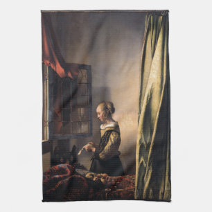Girl Reading Letter at Open Window by Vermeer Kitchen Towel