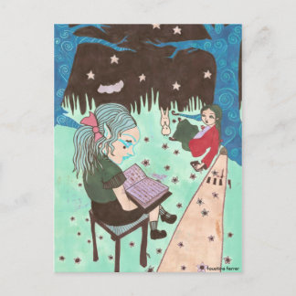 girl reading night stars postcard