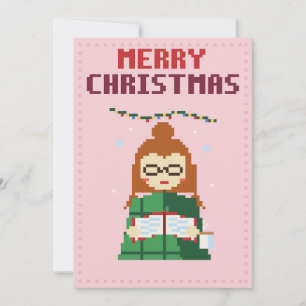 Girl Reading Pink Pixel Art Christmas Card