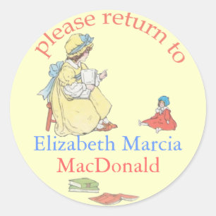Girl reading to Doll Rounded Bookplate Classic Round Sticker