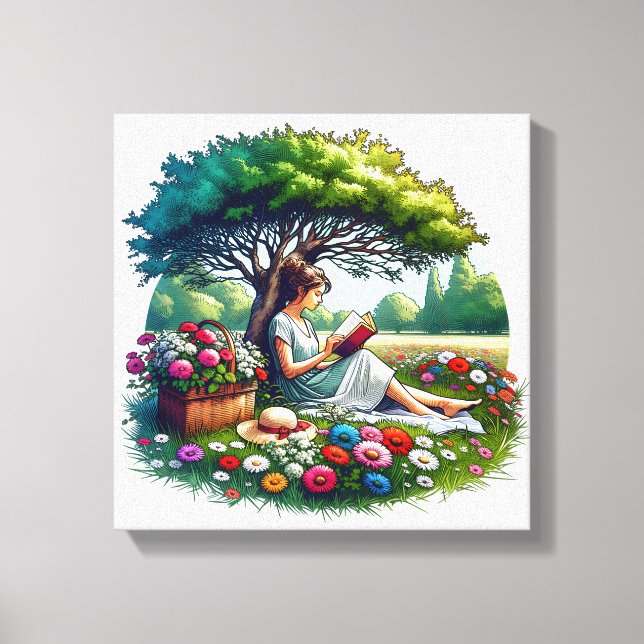 Girl Reading under a Tree Surrounded by Flowers Canvas Print (Front)