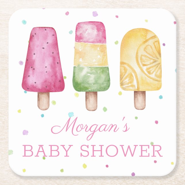 Girl Ready to Pop Summer Baby Shower Square Paper Coaster (Front)