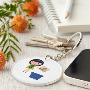 Girl Recycling Pizza Box Fun Eco-Friendly  Keychain