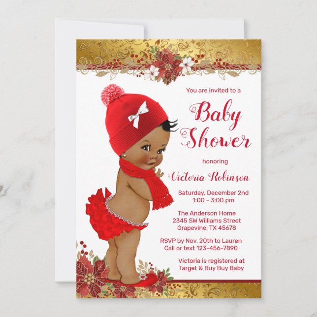 Girl Red Gold Christmas Baby Shower African Invitation (Front)