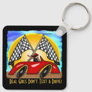 Girl, Red Hot Rod, Checkered Flags (Personalized) Keychain