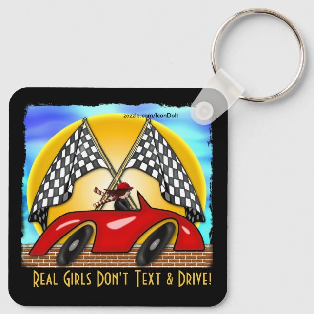 Girl, Red Hot Rod, Chequered Flags (Personalized) Keychain (Back)