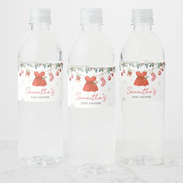 Girl Red Santa Christmas Baby Shower Water Bottle Label (Bottles)