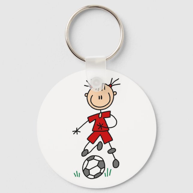 Girl Red Uniform Stick Figure Soccer Player Gifts Keychain (Front)