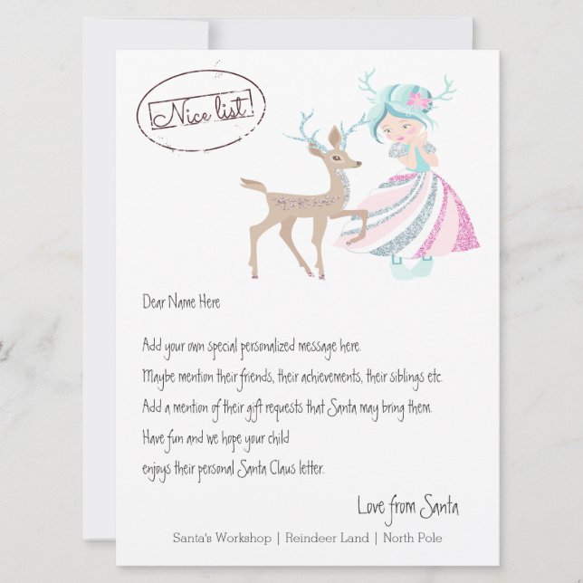 Girl Reindeer Letter From Santa Personalized Holiday Card (Front)
