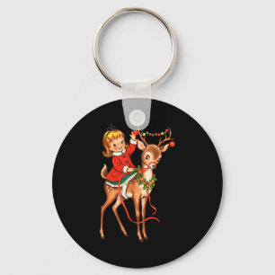Girl Reindeer Retro 1950s Vintage Christmas Women  Keychain