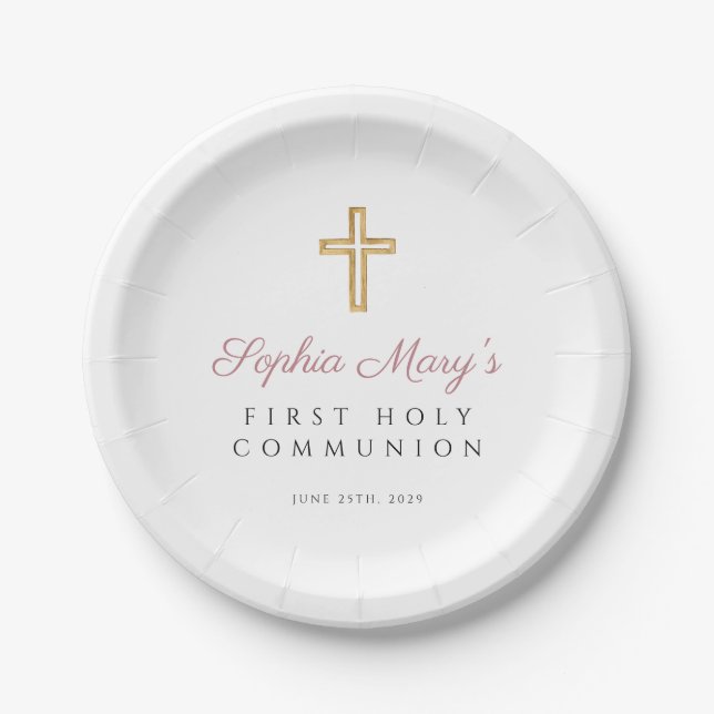 Girl Religious Cross Pink First Communion Paper Plate (Front)