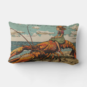 Girl Rides Lobster Throw Pillow