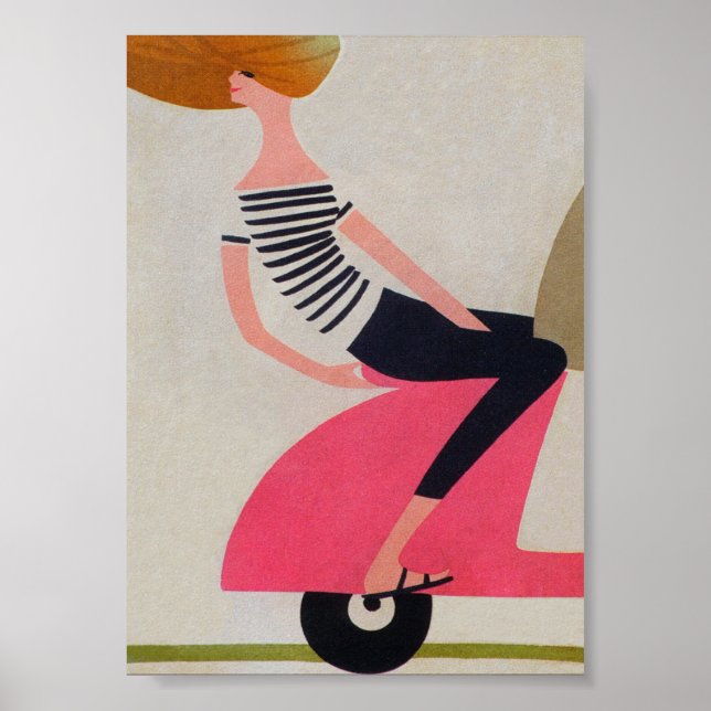 Girl Riding a Scooter Retro Poster vintage (Devant)