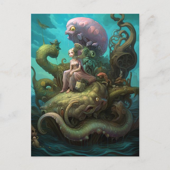 Girl Riding A Sea Monster Surreal Art Postcard (Front)