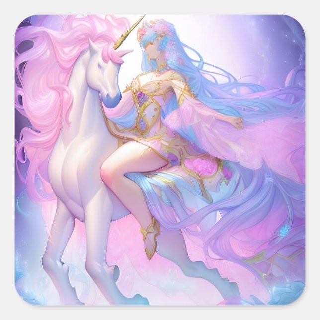Girl Riding a Unicorn  Square Sticker (Front)