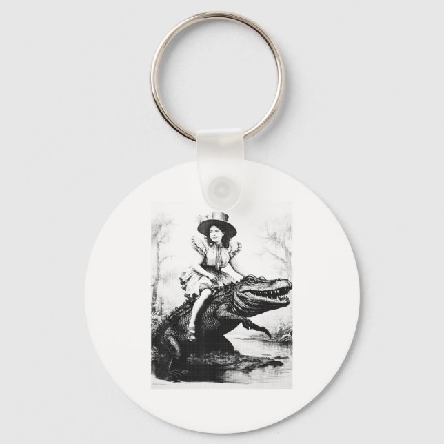Girl Riding Alligator _ Weird Funny Florida Crocod Keychain (Front)