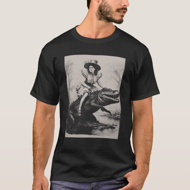 Girl riding Alligator Weird Funny Florida Crocodil T-Shirt (Front)