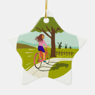 Girl Riding Bicycle Up Tree Circle Retro Ceramic Ornament