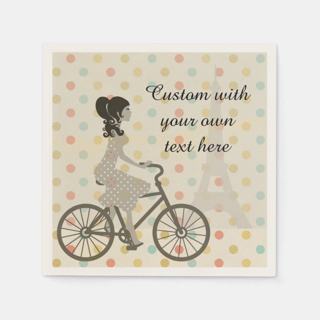 Girl Riding Bike in Paris Polka Dot Custom Text Napkin (Front)