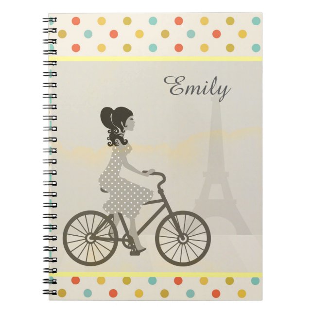 Girl Riding Bike in Paris Polka Dot Personalised Notebook (Front)
