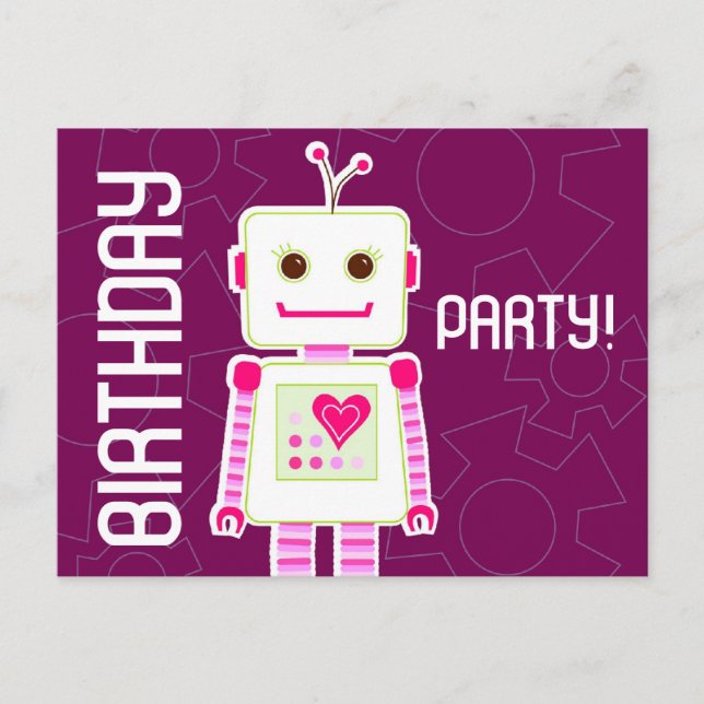 Girl Robot Birthday Party, Postcard Invitations (Front)