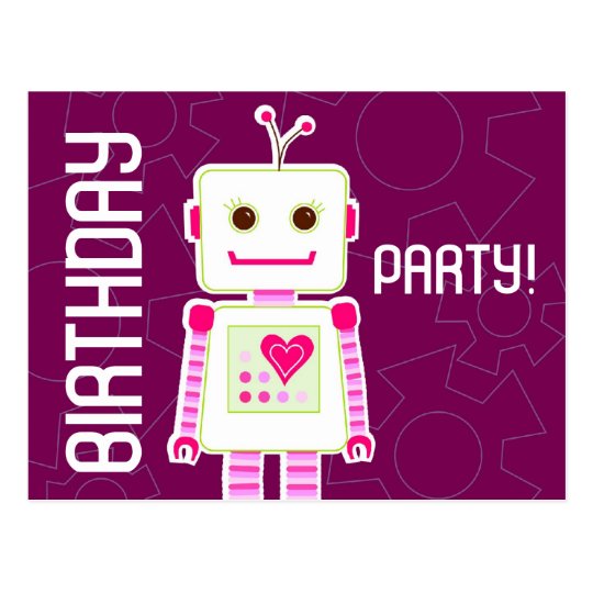 Girl Robot Birthday Party, Postcard Invitations
