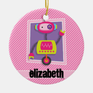 Girl Robot; Pink & White Stripes Ceramic Ornament