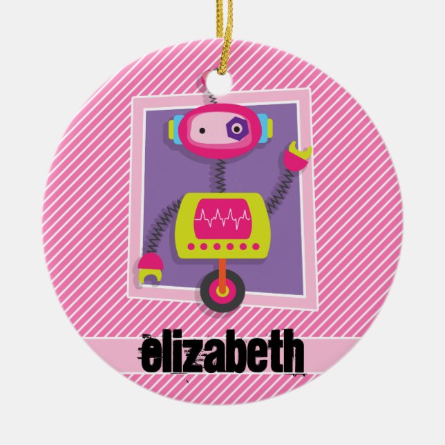 Girl Robot; Pink & White Stripes Ceramic Ornament (Front)