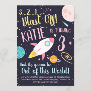 Girl Rocket Ship Space Invitation Anniversaire