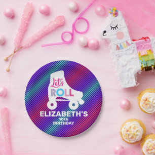 Girl Roller Skating Birthday Let's Roll Paper Plate