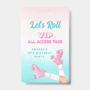 Girl Roller Skating Pink and Blue Birthday VIP Badge