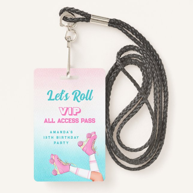 Girl Roller Skating Pink and Blue Birthday VIP Badge (Front with Lanyard)