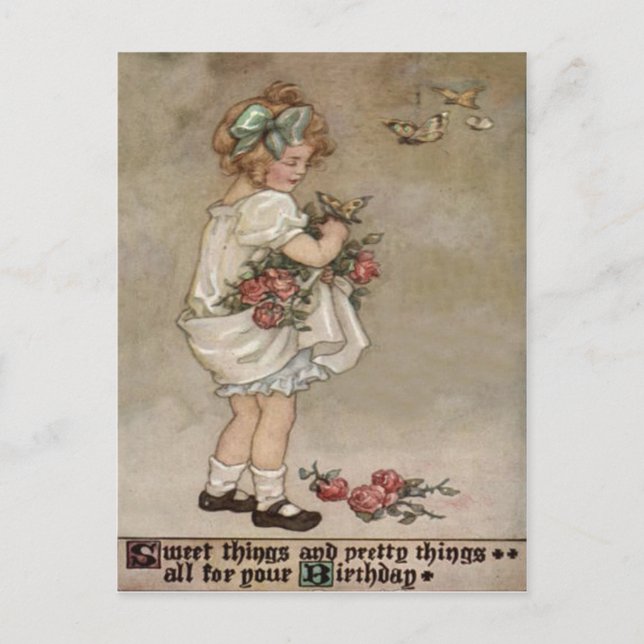 Girl Rose Butterfly Birthday Postcard (Front)