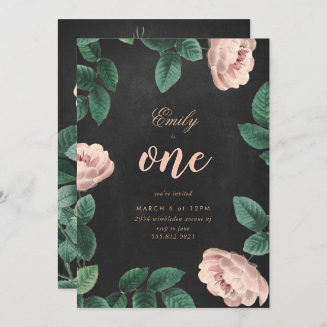 Girl Rose First Birthday Invitation Chalkboard (Front/Back)
