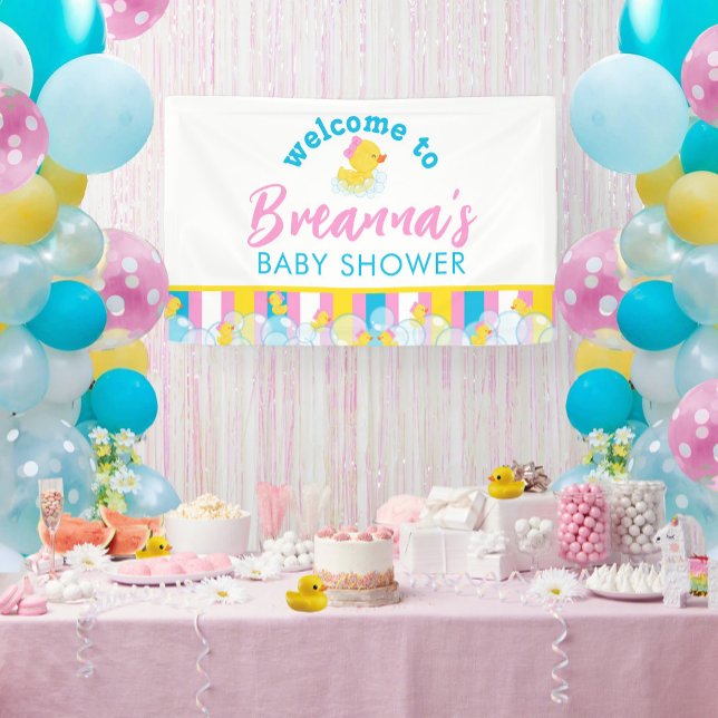 Girl Rubber Duck Baby Shower Hanging Welcome Banner (Welcome to Girl Rubber Ducky Hanging Vinyl Baby Shower Banner in White)