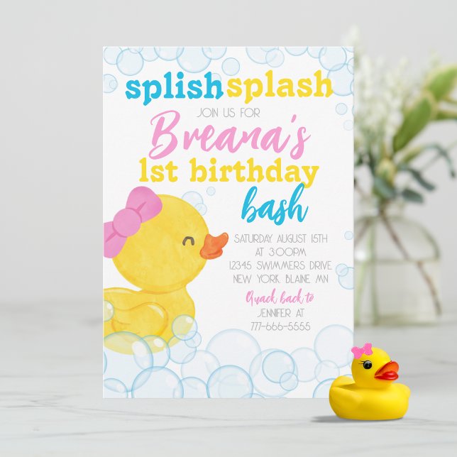 Girl Rubber Duck Splish Splash Birthday Invitation (Girl Rubber Ducky 1st Birthday Party Invites. Available printed with envelopes or digital download)