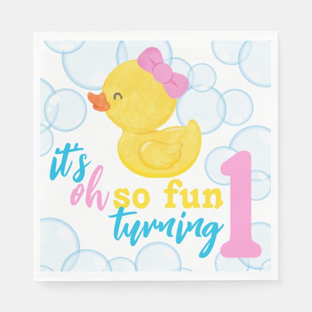 Girl Rubber Duck Turning One First Birthday Napkin (Front)