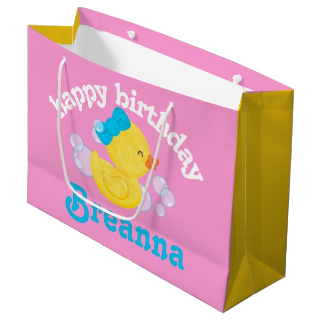 Girl Rubber Ducky Personalized Birthday Large Gift Bag (Front Angled)